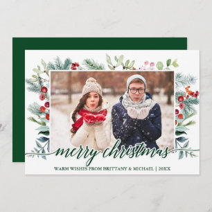 Calligraphy Christmas Greenery Green Couple Photo Holiday Card