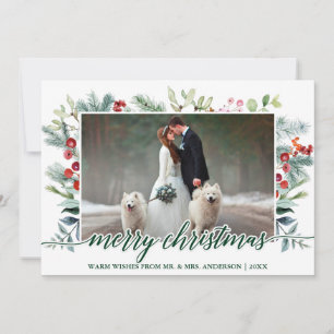 Calligraphy Christmas Greenery Wedding Photo Green Holiday Card