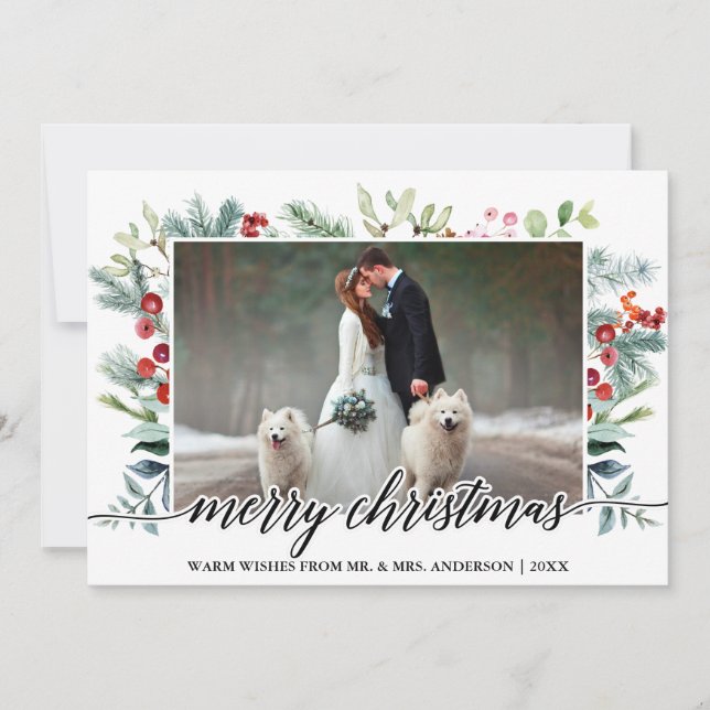 Calligraphy Christmas Greenery Wedding Photo Holiday Card (Front)