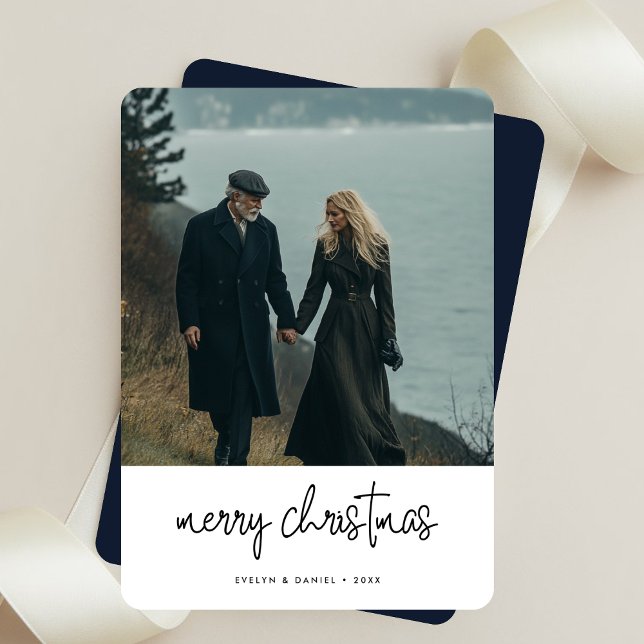 Calligraphy Christmas Ocean Blue Maritime Photo Holiday Card (Creator Uploaded)