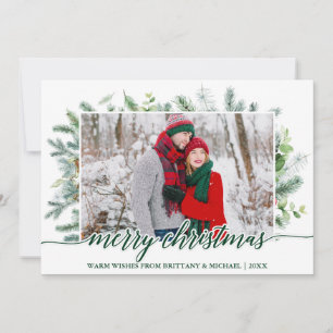 Calligraphy Christmas Pine Greenery Couple Green Holiday Card