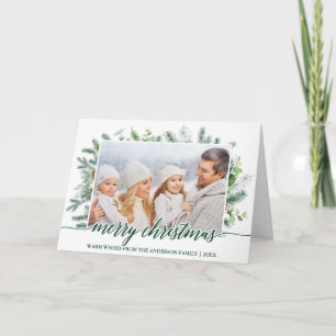 Calligraphy Christmas Pine Greenery Fold Photo Holiday Card