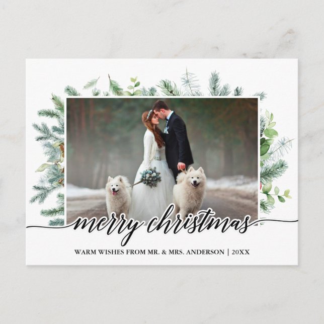 Calligraphy Christmas Pine Greenery Wedding Photo Postcard (Front)