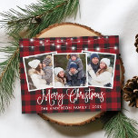 Calligraphy Christmas Plaid String Lights 3 Photo Postcard<br><div class="desc">Modern Fun Calligraphy Script Merry Christmas 3 Photo Holiday Postcard - Red Buffalo Plaid with String Lights</div>