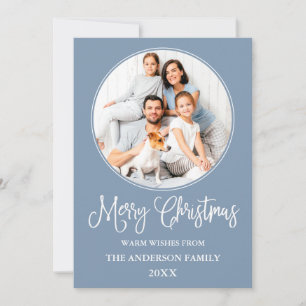 Calligraphy Christmas Round Photo Frame Blue Holiday Card