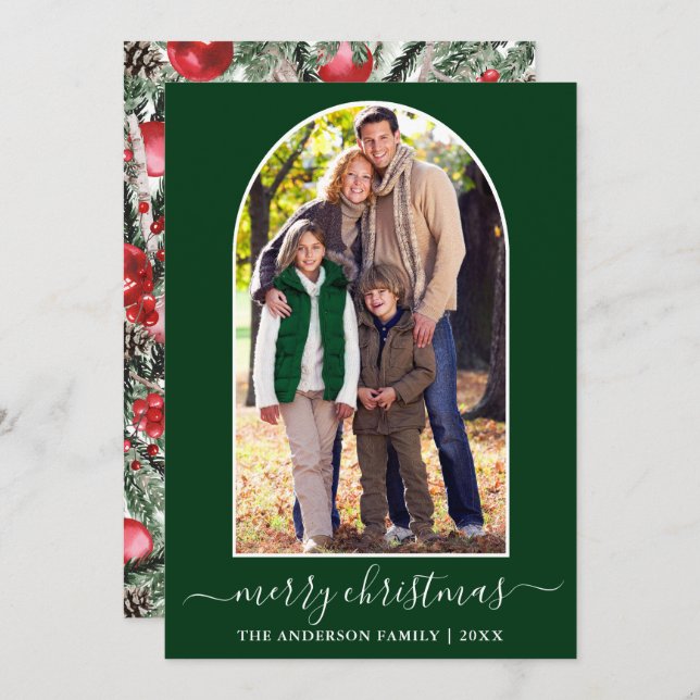 Calligraphy Christmas Snowflakes Photo Arch Green  Holiday Card (Front/Back)