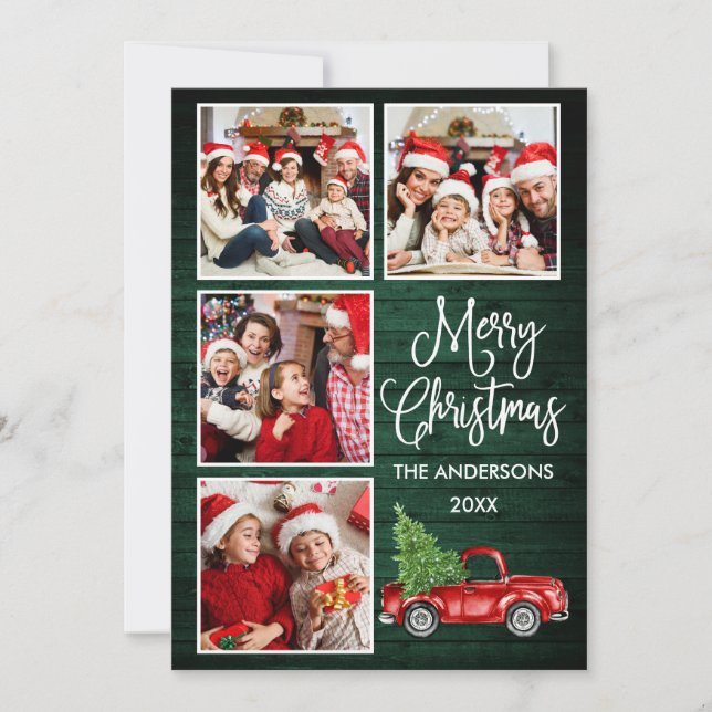 Calligraphy Christmas Truck Green Wood 4 Photo Holiday Card (Front)