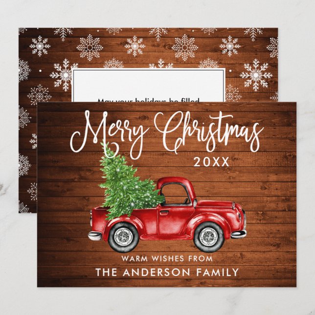 Calligraphy Christmas Truck Snowflakes Wood Holiday Card (Front/Back)