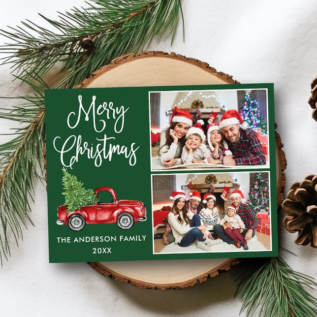 Calligraphy Christmas Vintage Truck Green 2 Photo Postcard (Customize to change your personalized text size or text style.)