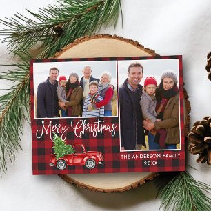 Calligraphy Christmas Vintage Truck Plaid 2 Photo Postcard