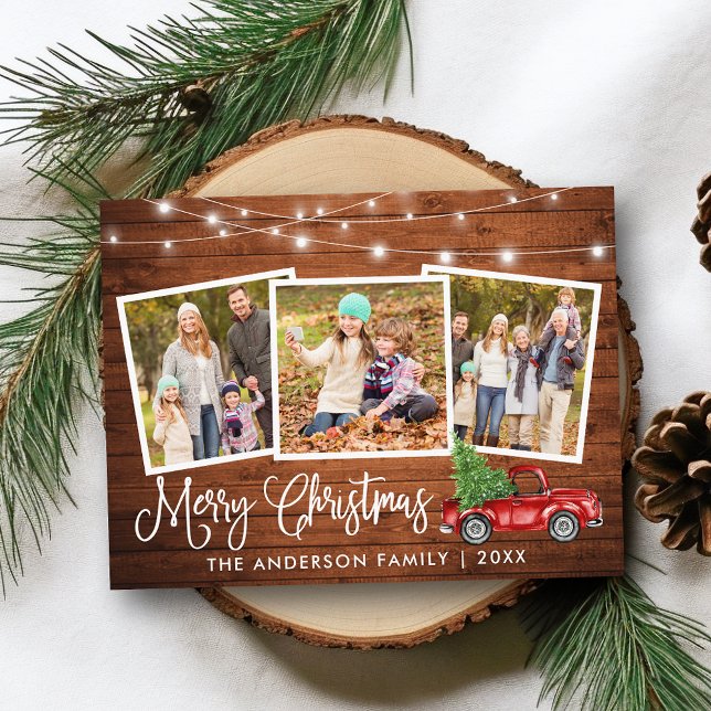 Calligraphy Christmas Vintage Truck Wood 3 Photo Postcard (Customize to change your personalized text size or text style.)