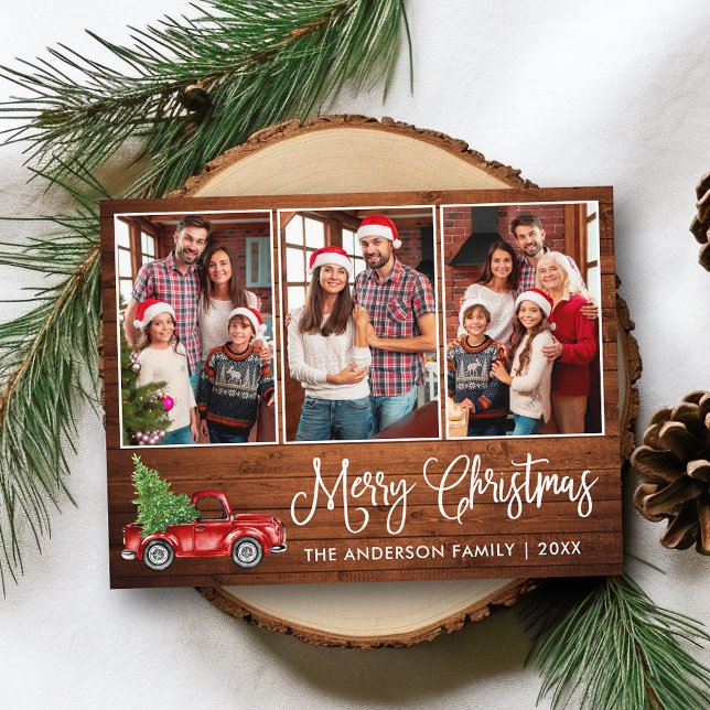 Calligraphy Christmas Wood Vintage Truck 3 Photo  Postcard (Customize to change your personalized text size or text style.)