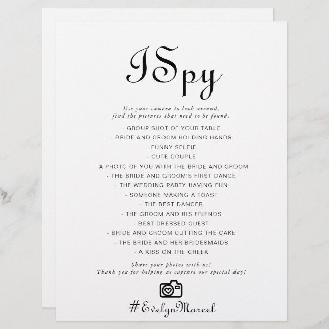 Calligraphy Classic Minimalist I Spy Wedding Game (Front/Back)