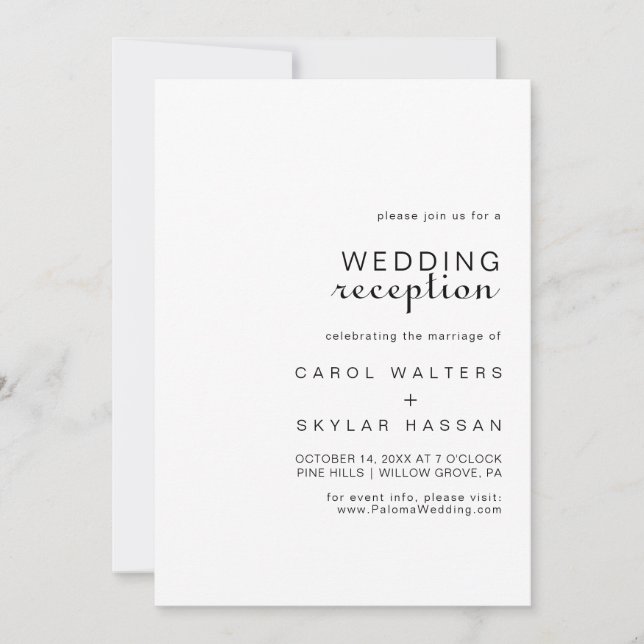 Calligraphy Classic Minimalist Wedding Reception  Invitation (Front)