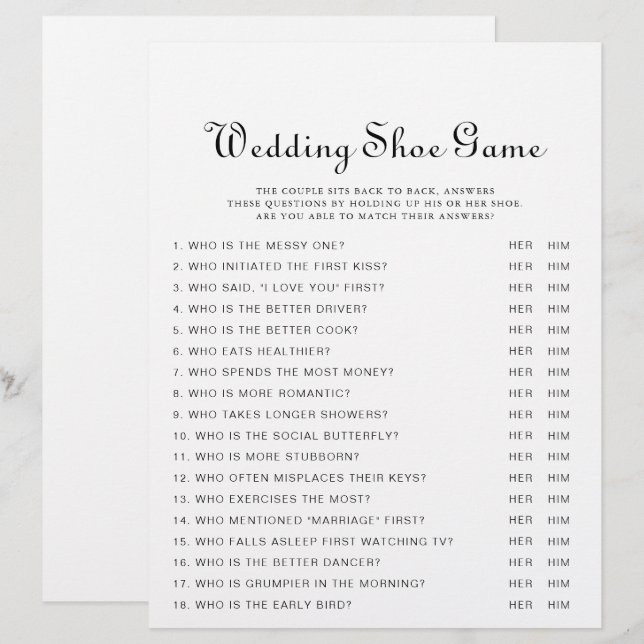 Calligraphy Classic Minimalist Wedding Shoe Game (Front/Back)