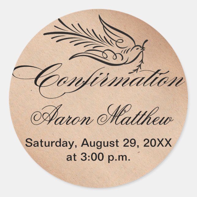 Calligraphy Confirmation Text and Dove Classic Round Sticker (Front)