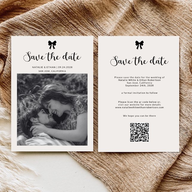 Calligraphy Coquette Bow w Photo Wedding QR code Save The Date (Creator Uploaded)