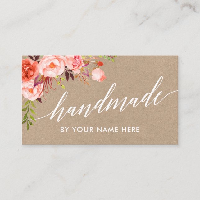 Calligraphy Coral Floral Hand Made Kraft Style Business Card (Front)