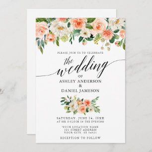 Calligraphy Coral Floral Photo Wedding Invitation