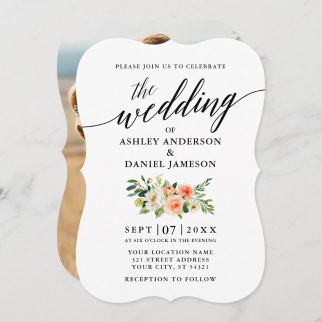 Calligraphy Coral Floral Photo Wedding Invitation (Front/Back)