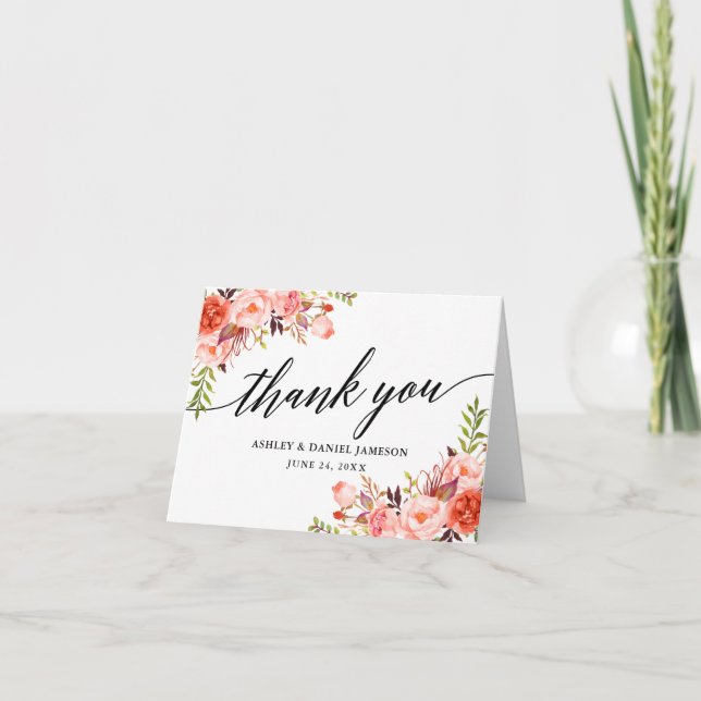 Calligraphy Coral Floral Wedding Note Thank You Card (Front)