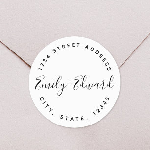 Calligraphy Couple Names Circular Wedding Address Classic Round Sticker