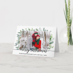 Calligraphy Couple Photo Christmas Pine Greenery Holiday Card