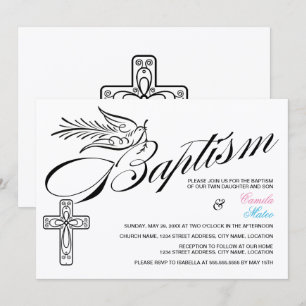 Calligraphy Cross and Dove Baptism Twins Invitation