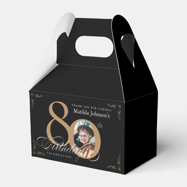 Calligraphy Custom Photo Black Gold 80th Birthday Favour Box (Front Side)