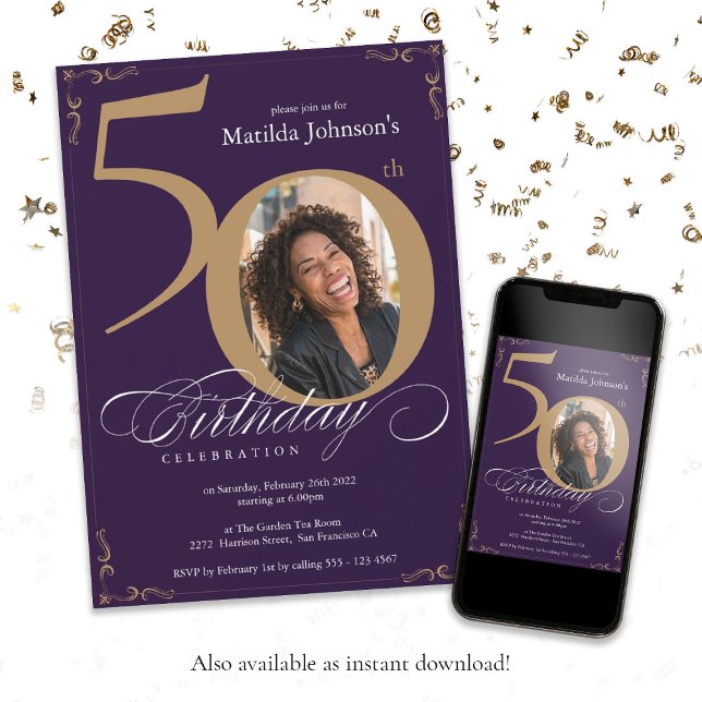 Calligraphy Custom Photo Gold Purple 50th Birthday Invitation (Purple Gold 50th Birthday Calligraphy Custom Photo Invitation
)