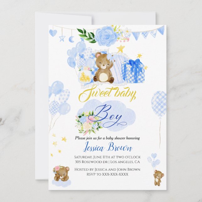 Calligraphy Cute blue bear baby shower invitation (Front)