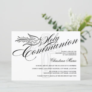 Calligraphy Dove and Cross First Holy Communion Invitation