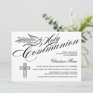 Calligraphy Dove and Cross First Holy Communion Invitation
