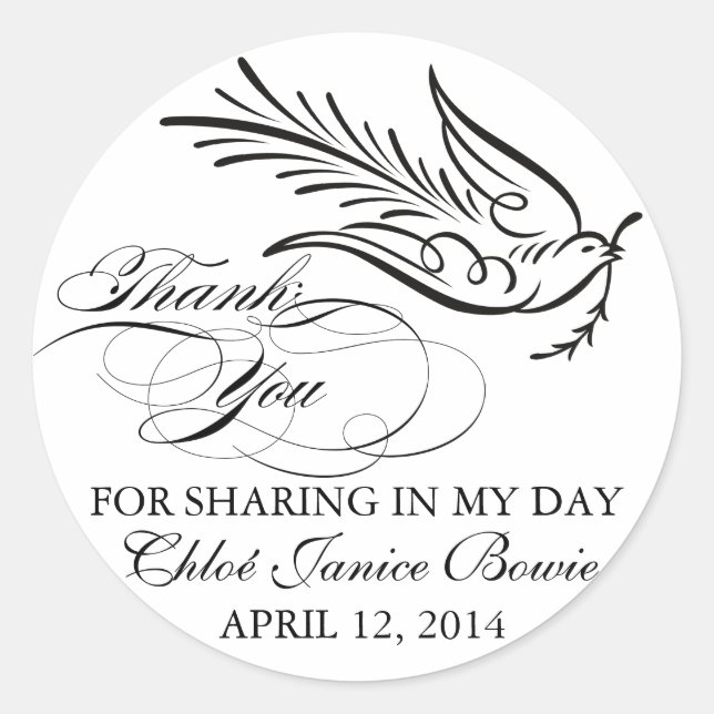 Calligraphy Dove and Thank You Text Classic Round Sticker (Front)