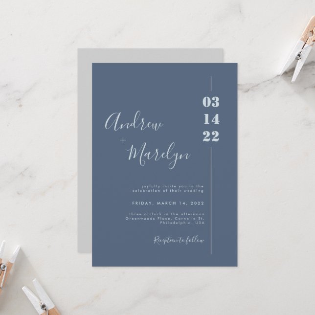 Calligraphy Dusty Blue and Grey Photo Wedding Invitation (Front/Back In Situ)