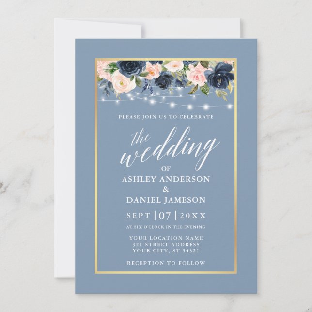 Calligraphy Dusty Blue Pink Floral Lights Wedding Invitation (Front)