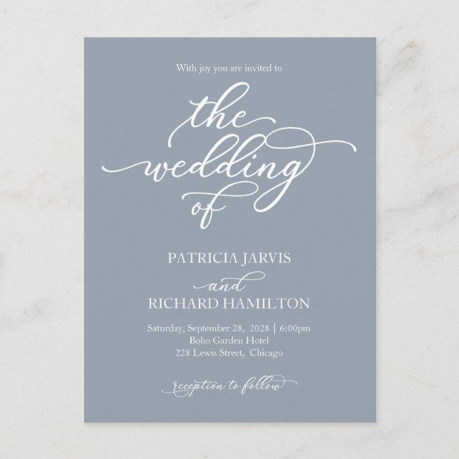 Calligraphy Dusty Blue Wedding Invitation Postcard (Front)