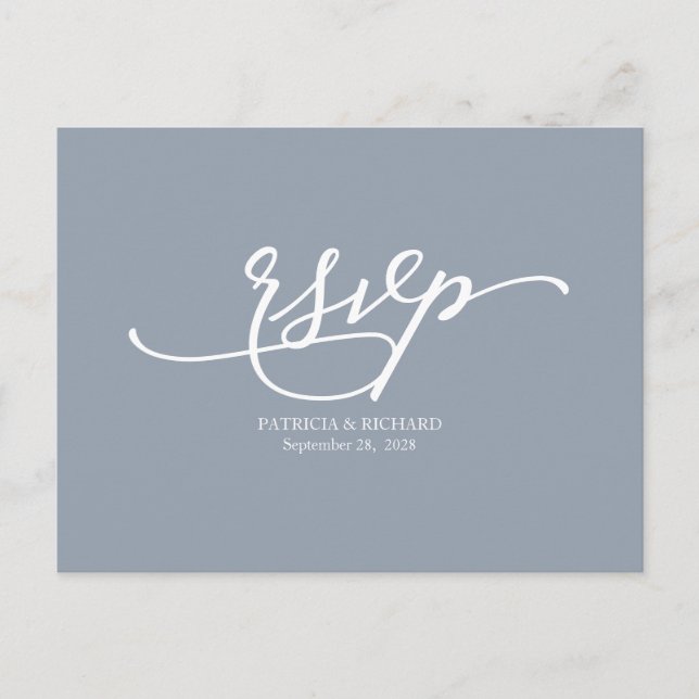 Calligraphy Dusty Blue Wedding RSVP Postcard (Front)