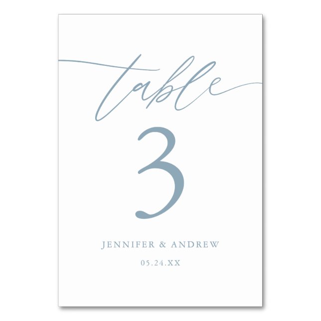 Calligraphy Dusty Blue Wedding Table Seating Cards (Front)