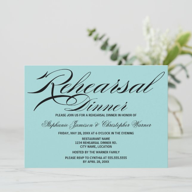 Calligraphy Elegance Aqua Rehearsal Dinner Invitation (Standing Front)