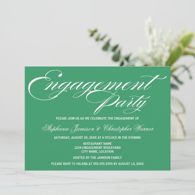 Calligraphy Elegance Green Engagement Party Invitation (Standing Front)