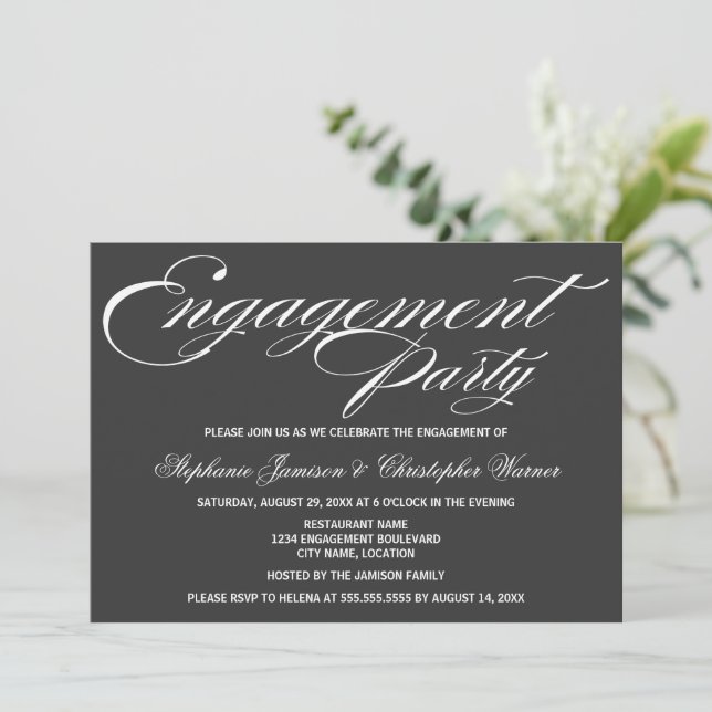 Calligraphy Elegance Grey Engagement Party Invitation (Standing Front)