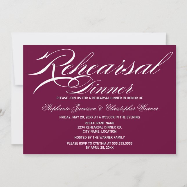 Calligraphy Elegance Plum Rehearsal Dinner Invitation (Front)