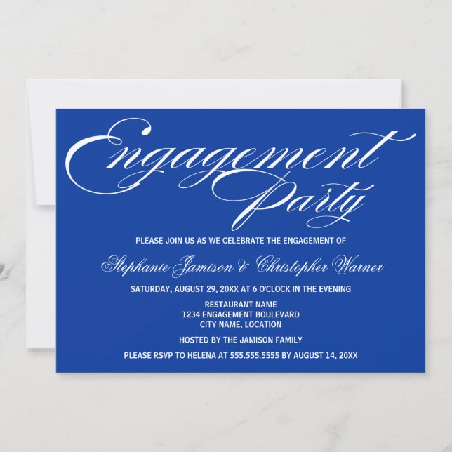 Calligraphy Elegance Royal Blue Engagement Party Invitation (Front)