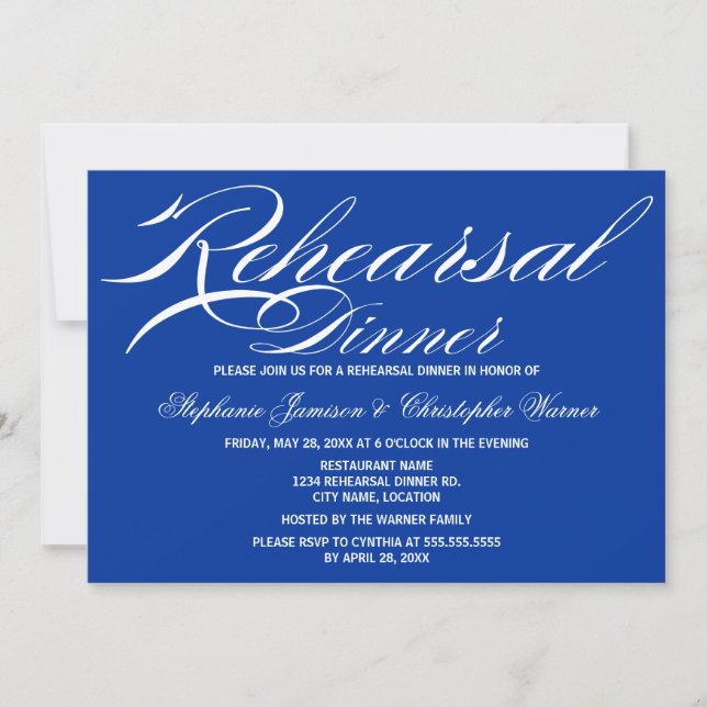 Calligraphy Elegance Royal Blue Rehearsal Dinner Invitation (Front)