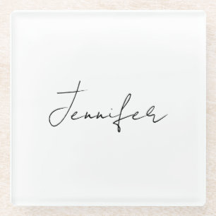 Calligraphy Elegant Black White Plain Simple Name Glass Coaster