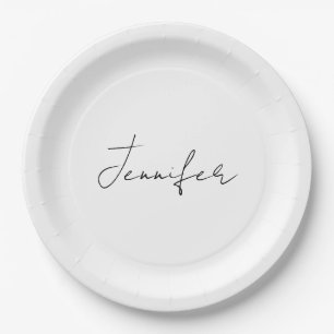 Calligraphy Elegant Black White Plain Simple Name Paper Plate