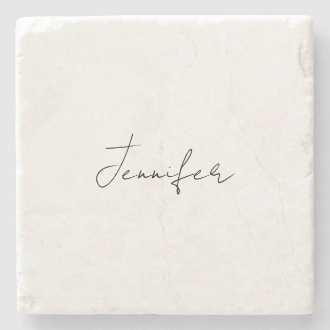 Calligraphy Elegant Black White Plain Simple Name Stone Coaster (Front)