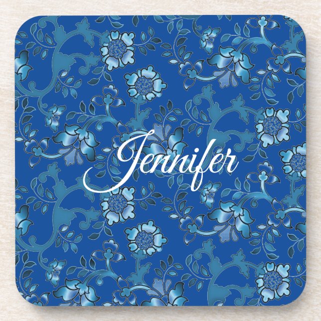 Calligraphy Elegant Blue Floral Custom Name Coaster (Front)