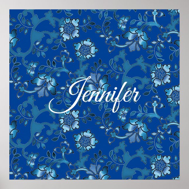 Calligraphy Elegant Blue Floral Custom Name Poster (Front)